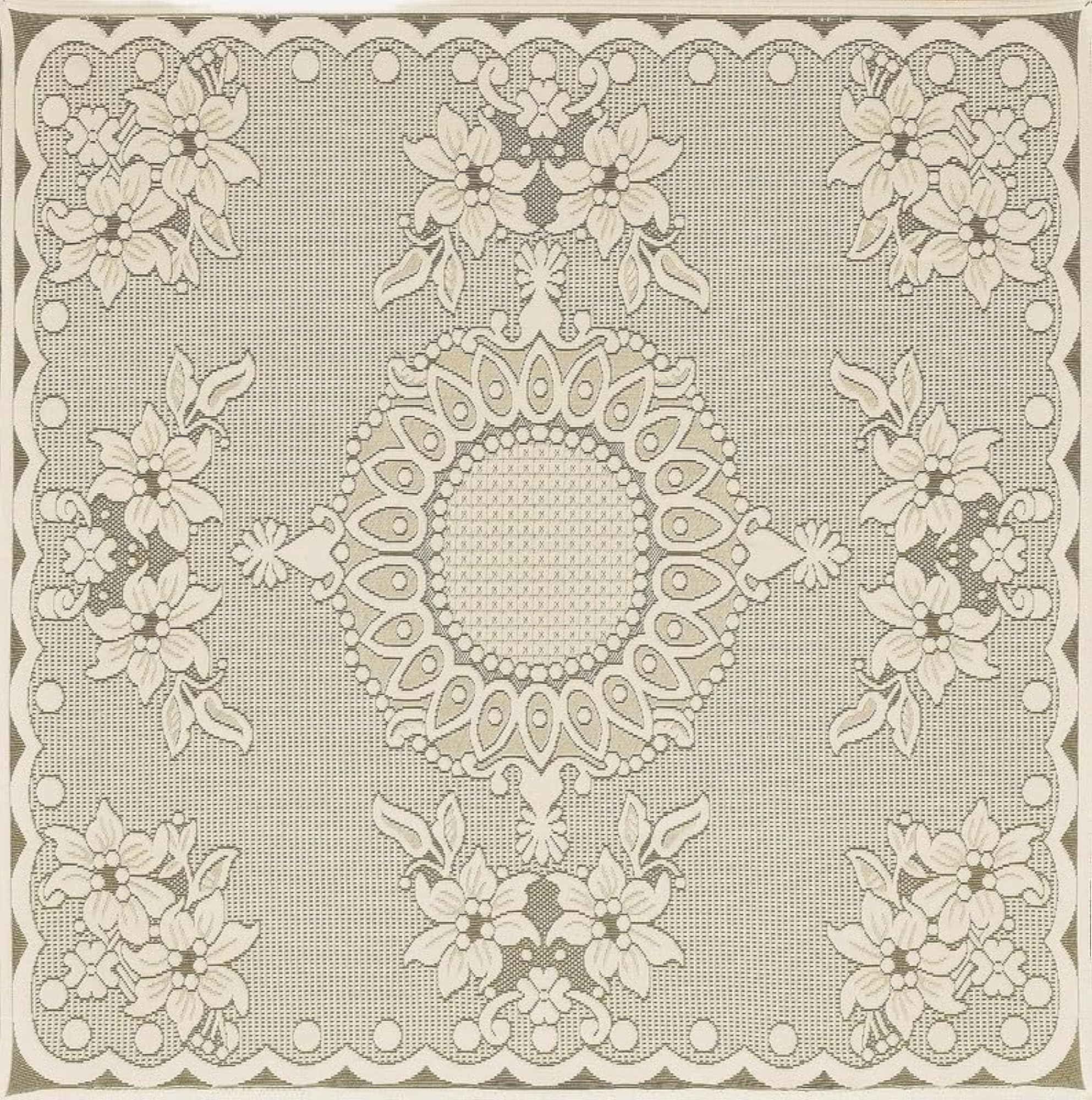 Square Floral Center Table Cover, 2-Seater Size, Light Cream
